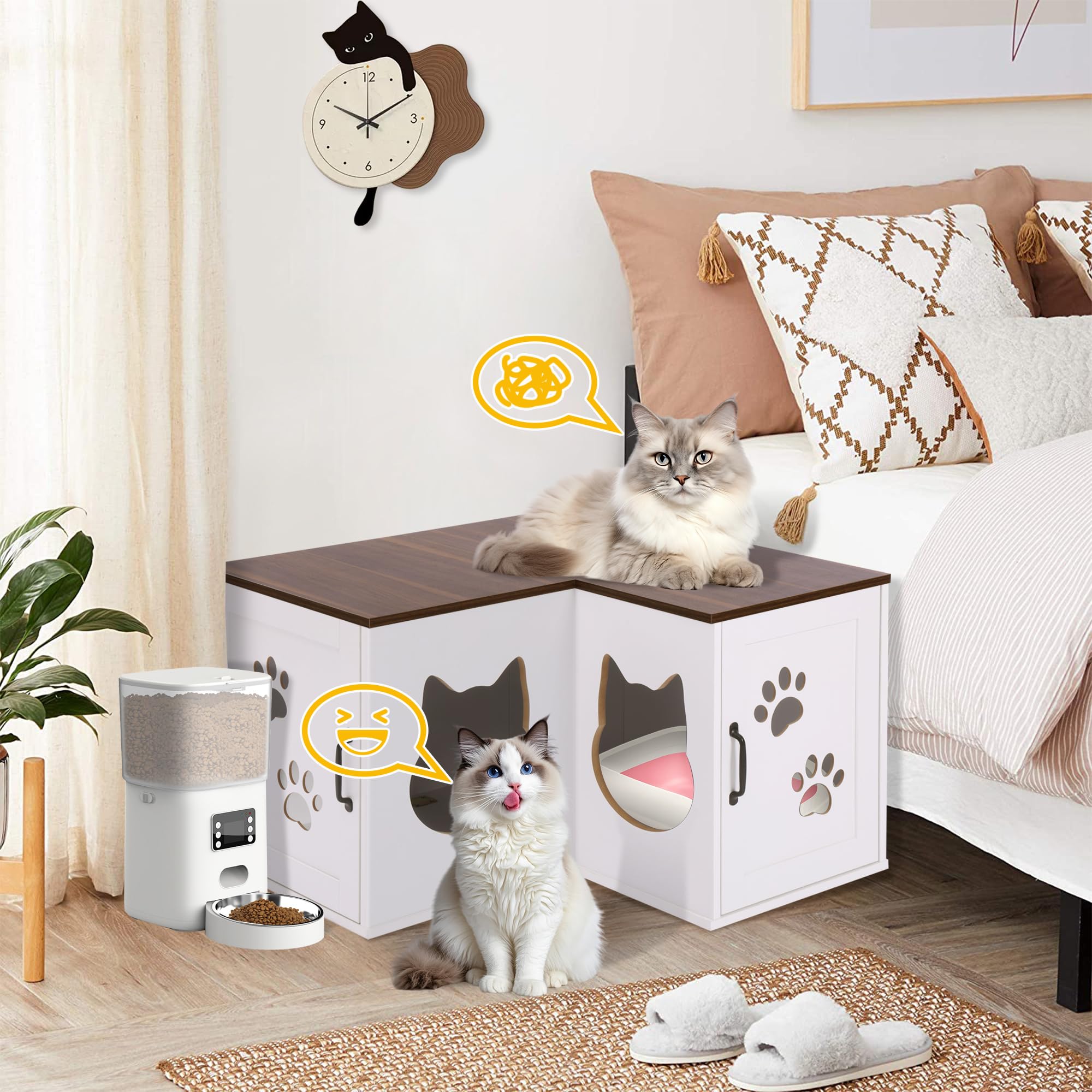 Charmeleon Cat Litter Box Enclosure, Corner Litter Box Furniture Hidden, Large Wooden Cat Washroom With Condo, Double Kitty Litt